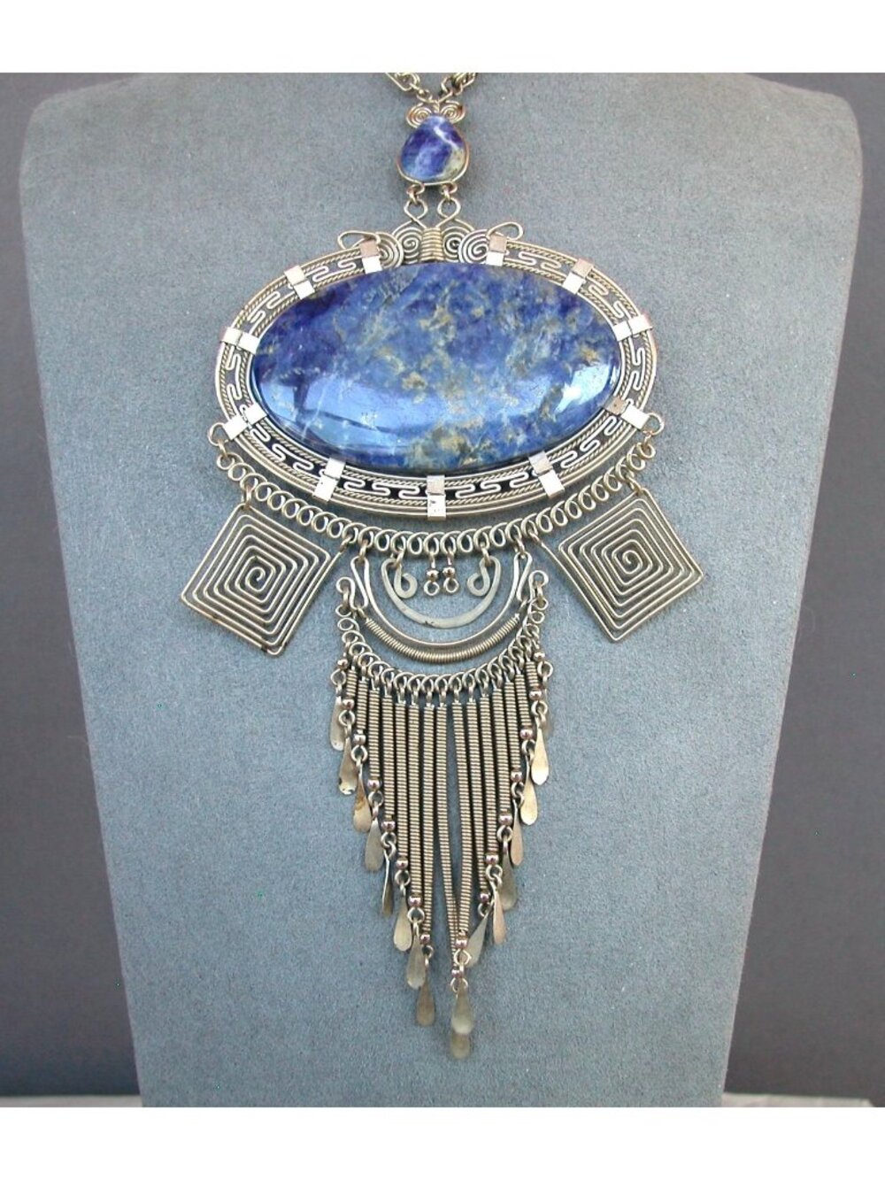 Necklace is a Large Lapis Lazuli Stone Wire-Wrapped Spiral & Fringe Details.
